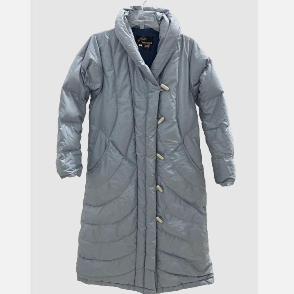 VTG 70s Snowbird Denver USA Made Long Down Puffer Parka Women M Powder Blue Ski
